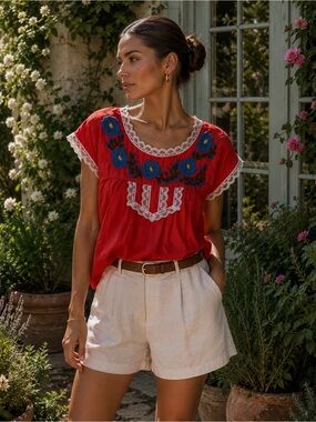 Tracy Feith Red Embroidered Peasant Blouse with Blue Floral Detail